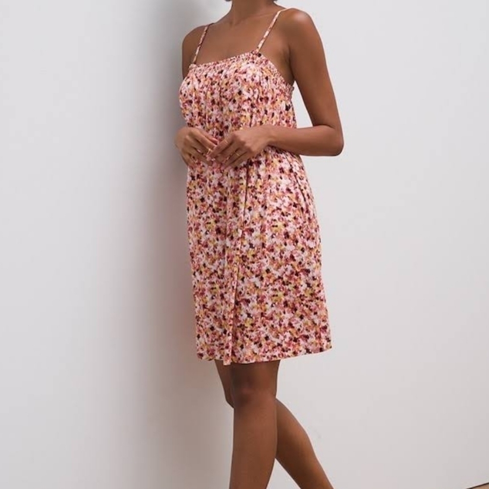 Soma Soft Jersey Flowy Floral Short Dress Pink/Yellow Shelf Bra Size XS